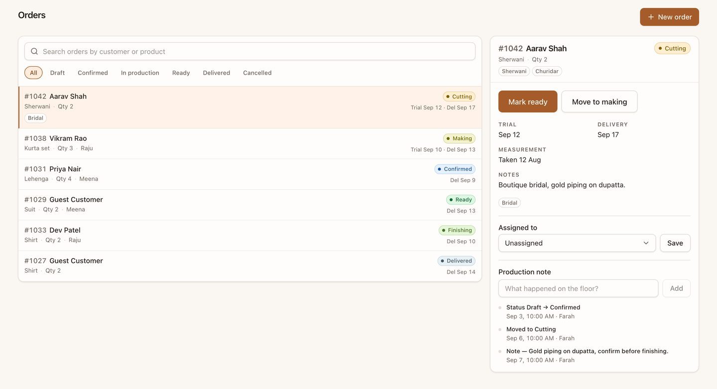 Orders list with search, status tabs from All to Cancelled, six tickets with stage badges, and order 1042 open showing measurement, Bridal tag, assignee and production notes